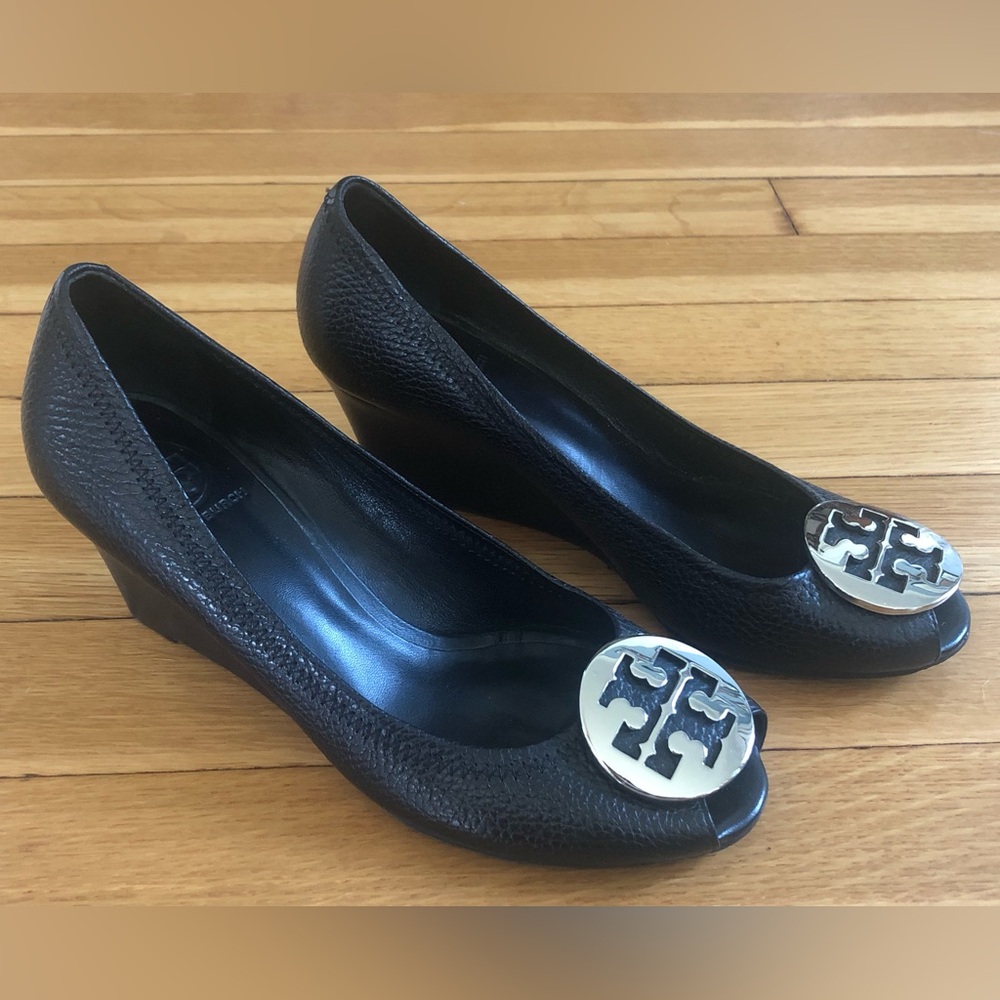 Tory Burch - Black Peep-Toe Wedges